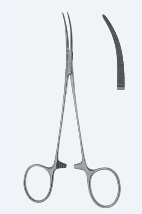 Зажими гемостатичні, Micro-Jacobson, надзвичайно делікатні, вигнуті, зубчаті щелепи, з кремальєрою, довжина 150 мм. Бренд - Asanus Medizintechnik Gmb, Німеччина